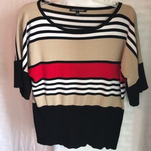 Red tan white and black striped blouse